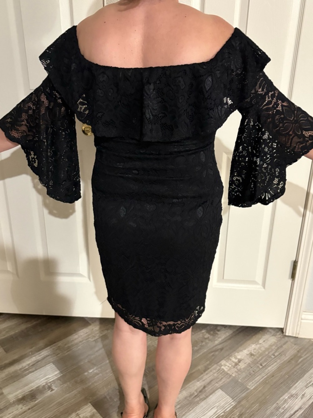 Black Off-Shoulder Lace Dress with Flared Sleeves
